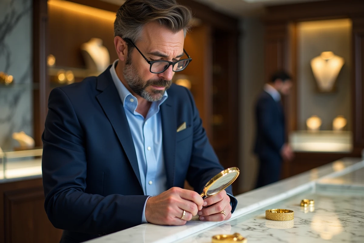 Homme en costume examinant un lingot d'or dans une bijouterie