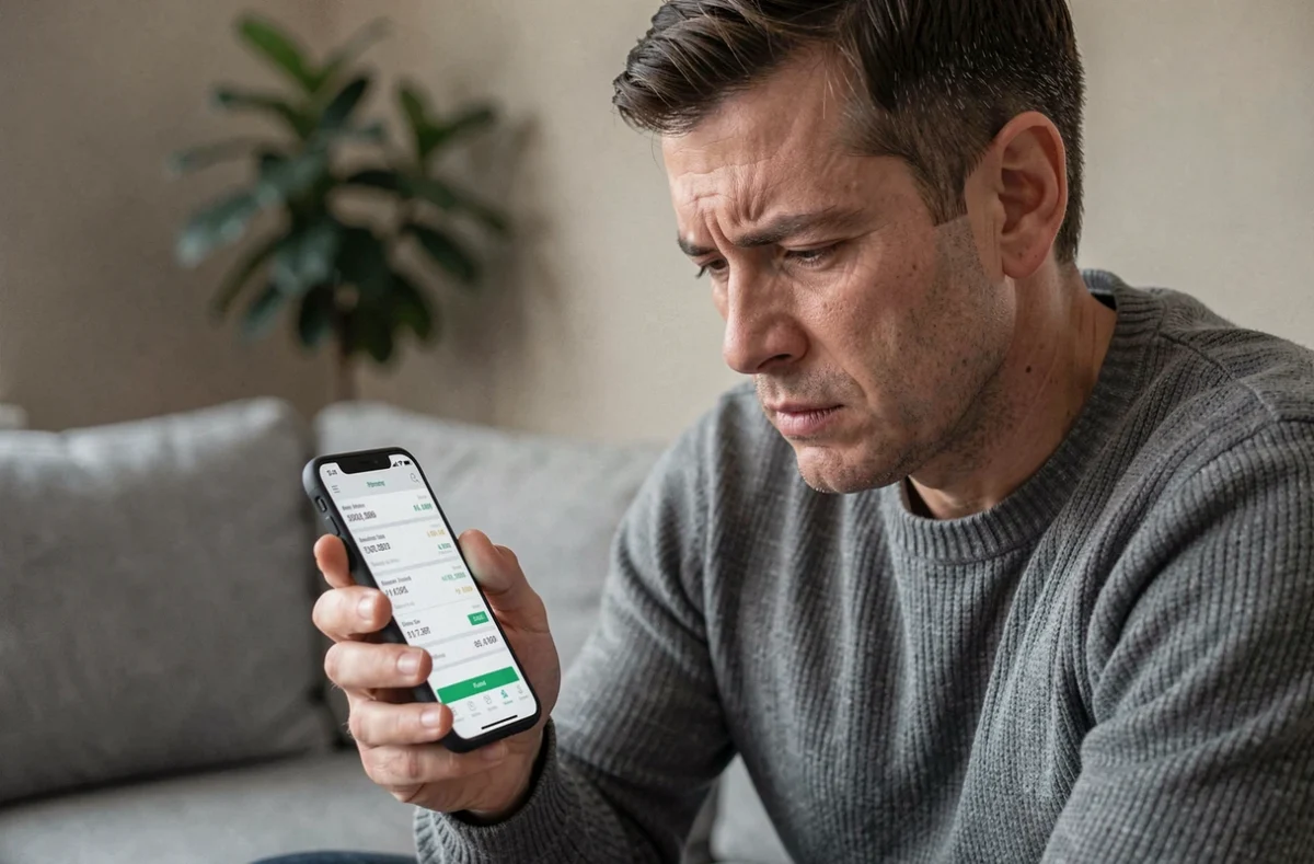 Homme consultant son application bancaire sur smartphone pour identifier un prélèvement ADIS suspect
