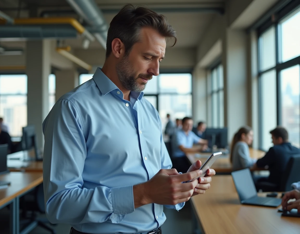 Homme consultant une application de comparaison de banques sur smartphone dans un bureau moderne