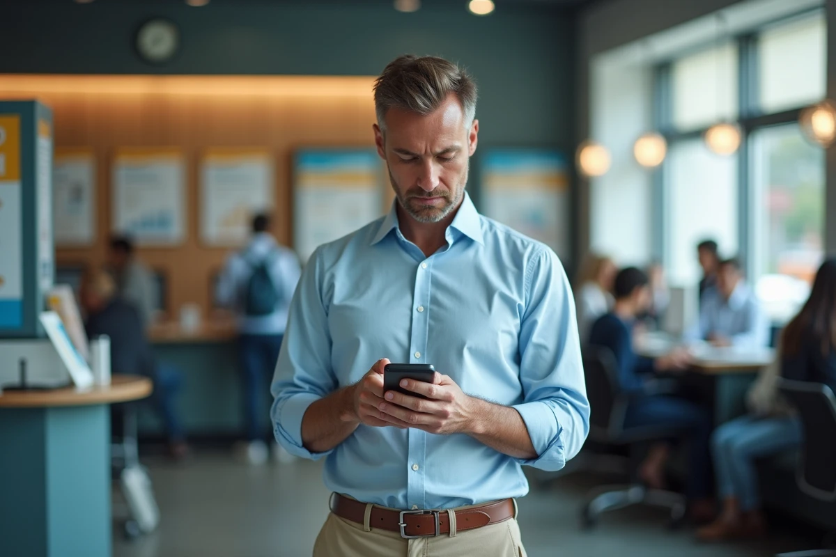 Homme dans une banque regardant son smartphone