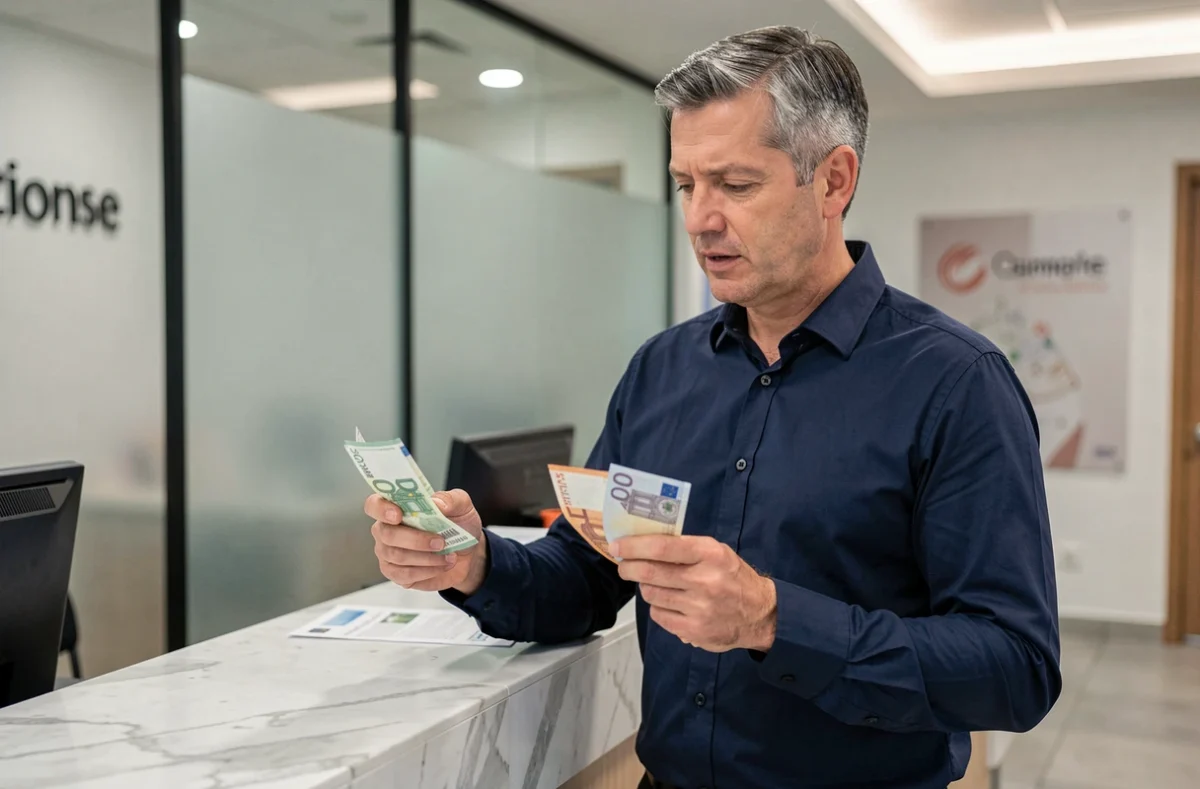 Homme en banque comparant des billets de francs suisses et d'euros lors d'une conversion de devises