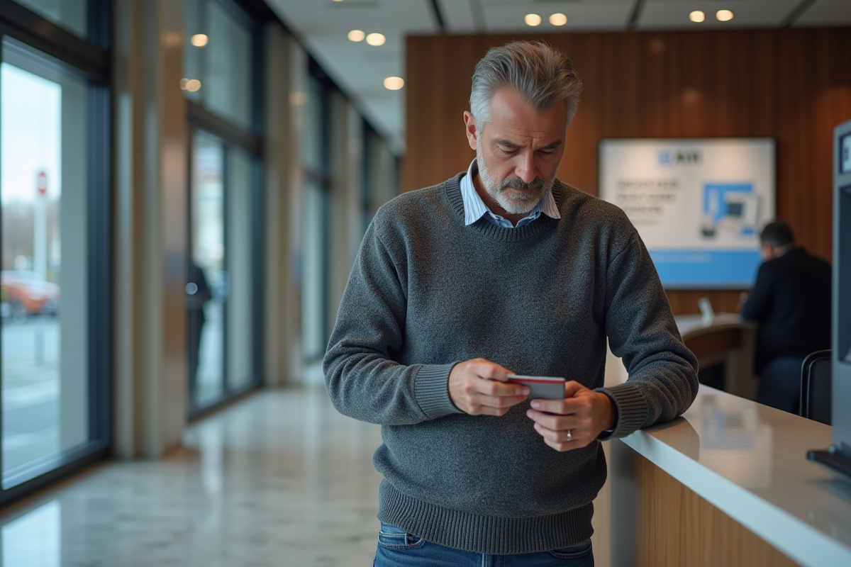 Homme examine sa carte bancaire dans une agence moderne