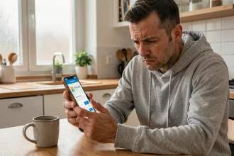 Homme frustré tentant de payer sa facture Free Mobile sur son smartphone avec une erreur de paiement affichée