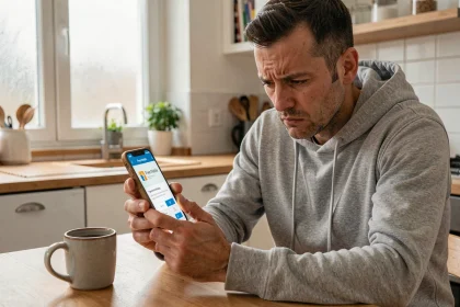 Homme frustré tentant de payer sa facture Free Mobile sur son smartphone avec une erreur de paiement affichée