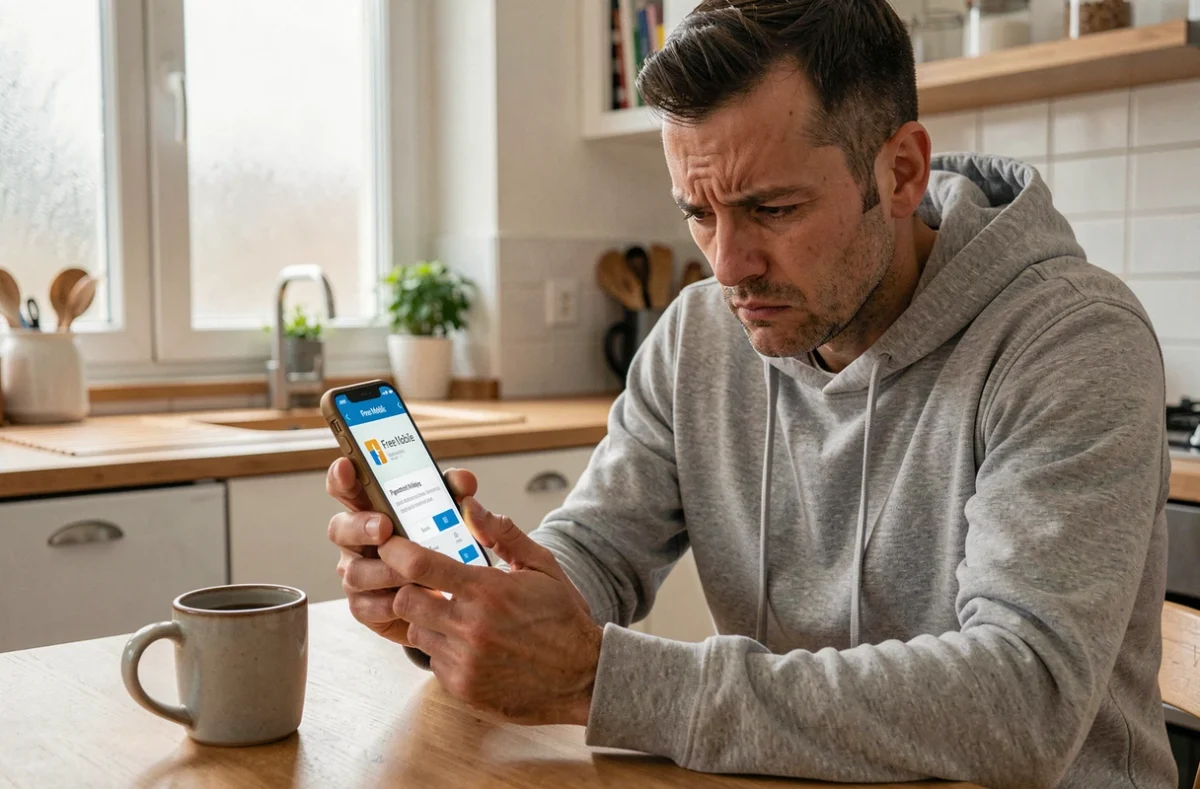 Homme frustré tentant de payer sa facture Free Mobile sur son smartphone avec une erreur de paiement affichée