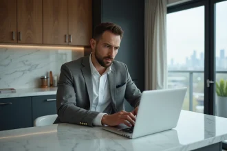 Homme d'affaires concentré vérifiant la bourse dans un appartement moderne