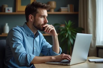 Homme en tenue casual regardant un tableau de bord sur son ordinateur