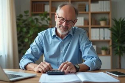 Homme détendu utilisant une calculatrice dans un bureau lumineux