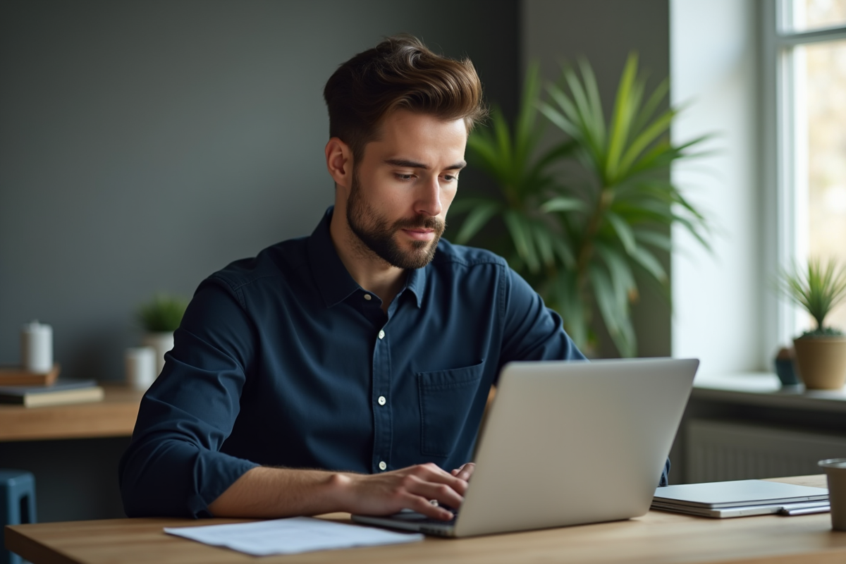 Homme en bureau à domicile travaillant sur son ordinateur