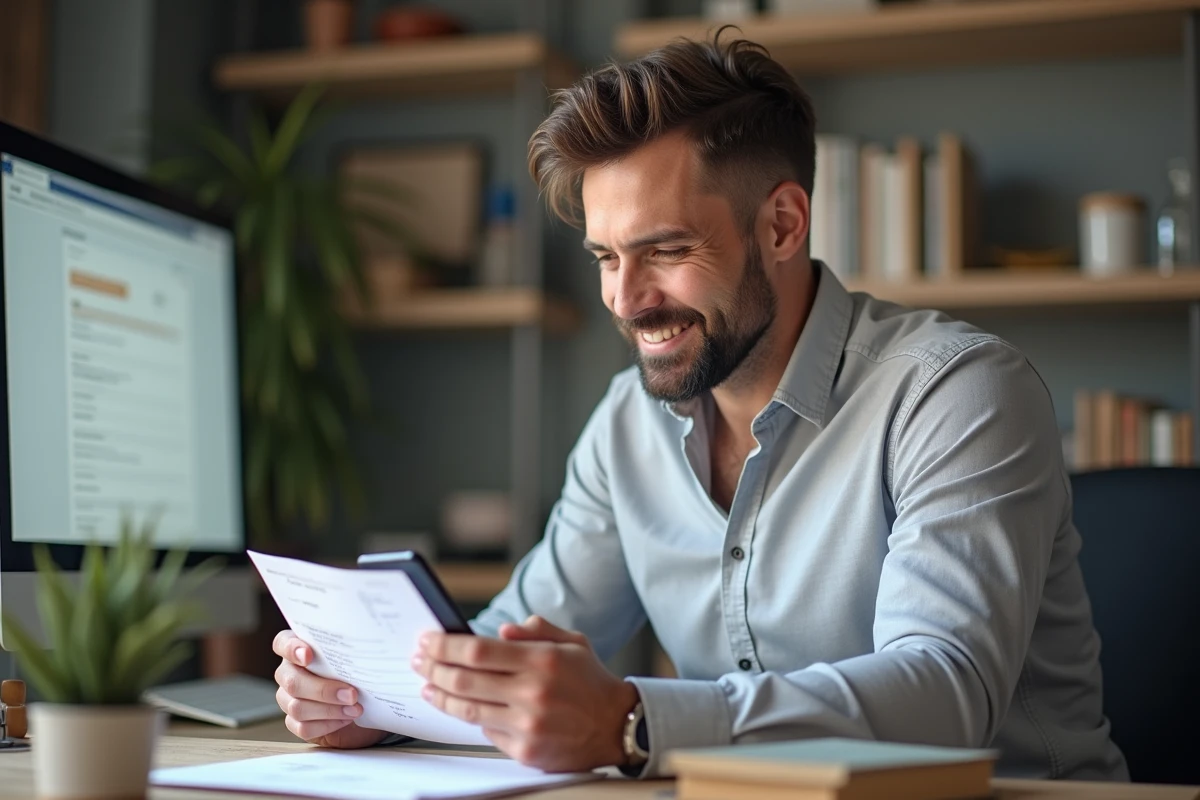 Homme en home office tenant facture et smartphone avec un sourire