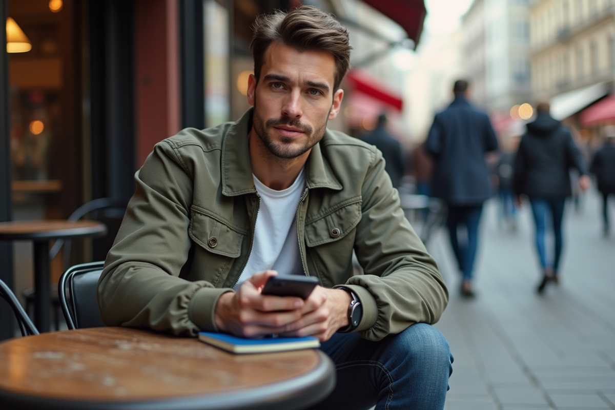 Jeune homme assis en terrasse de café prenant des notes et utilisant son téléphone