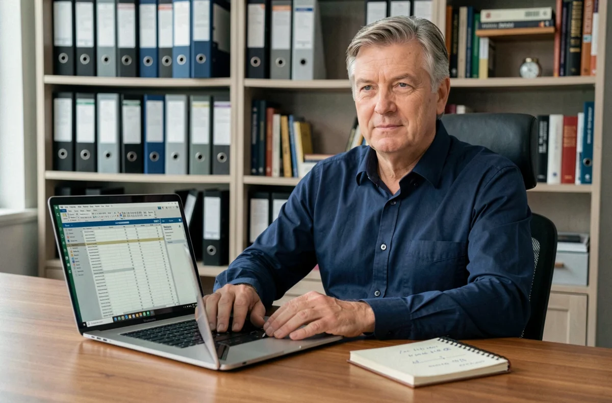 Homme en train de calculer les intérêts de son livret d'épargne LEL sur un ordinateur portable dans un bureau à domicile