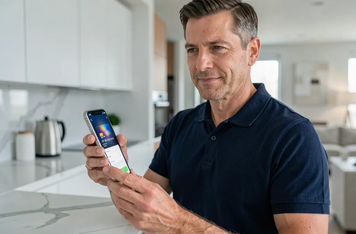 Homme utilisant une carte bancaire virtuelle sur smartphone pour sécuriser ses achats en ligne depuis sa cuisine moderne
