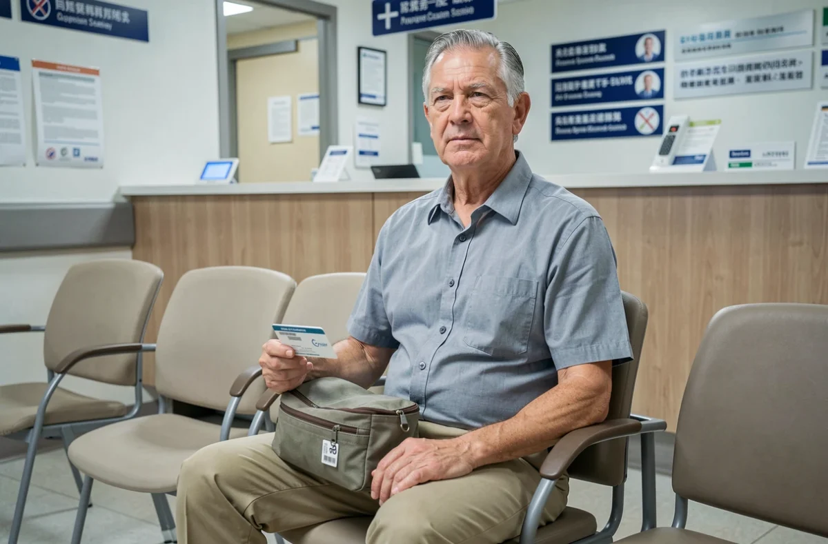 Homme dans une clinique étrangère utilisant sa carte d'assurance voyage ATE lors d'un séjour