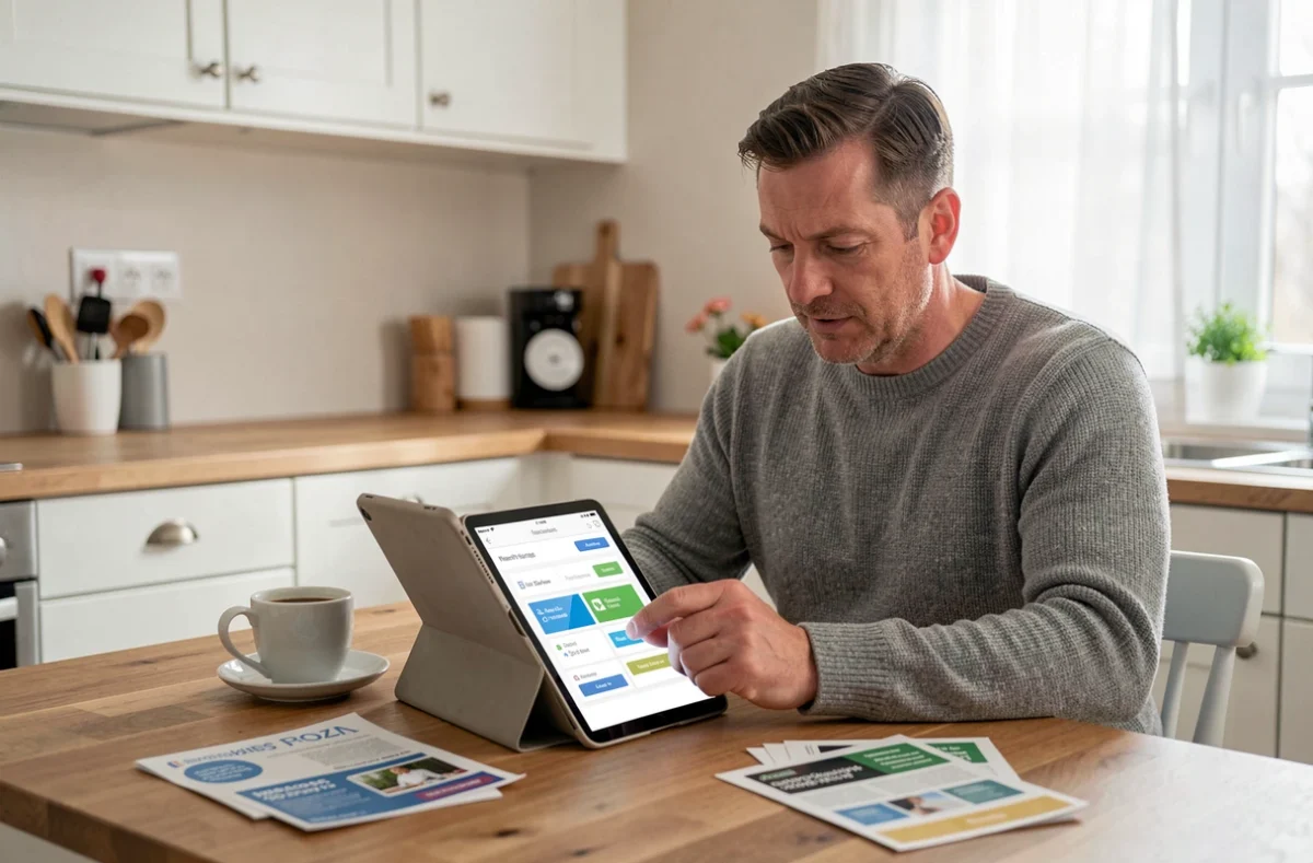 Homme consultant une application de comparaison de mutuelles santé sur tablette dans sa cuisine