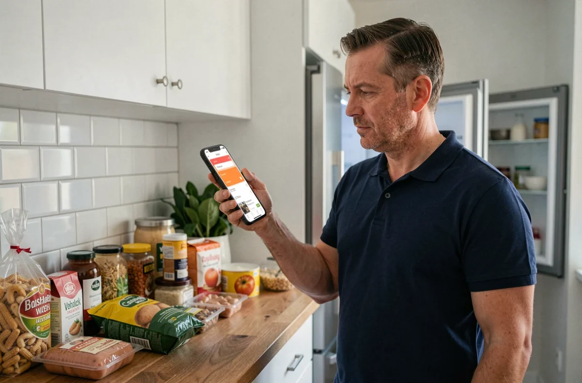 Homme comparant des offres de swagbugs sur son smartphone dans une cuisine, sélectionnant uniquement les promotions rentables sur ses achats quotidiens