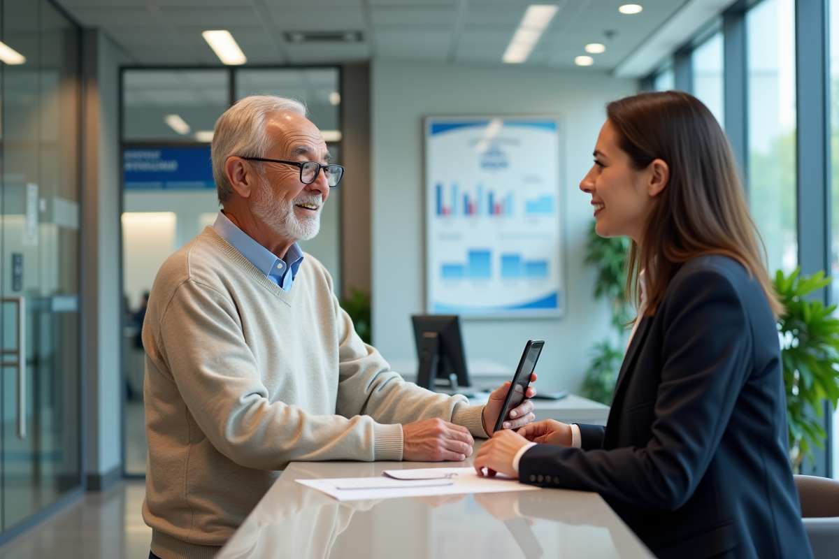 Homme âgé discutant avec un conseiller bancaire dans un lobby moderne