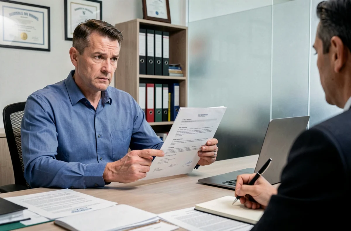 Homme discutant d'un prélèvement contesté avec un conseiller financier dans un bureau professionnel