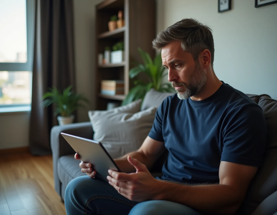 Homme consultant les conditions et plafonds de l'aide au loyer sur une tablette dans son appartement