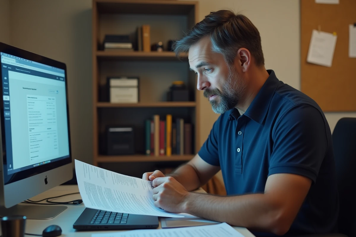 Homme consultant son espace bancaire en ligne pour vérifier un paiement CAF non reçu