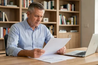 Homme consultant un contrat d'assurance emprunteur à son bureau à domicile pour envisager une résiliation selon la loi Bourquin