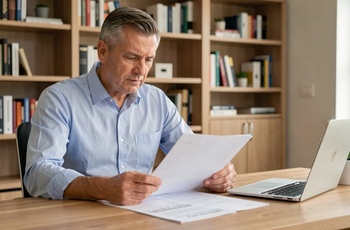 Homme consultant un contrat d'assurance emprunteur à son bureau à domicile pour envisager une résiliation selon la loi Bourquin