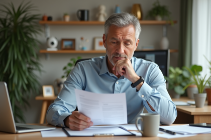 Homme d'âge moyen examinant des documents d'assurance vie dans un bureau lumineux