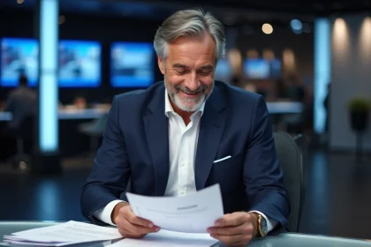 Homme d'affaires fran&ccedil;ais en costume dans un studio t&eacute;l&eacute;