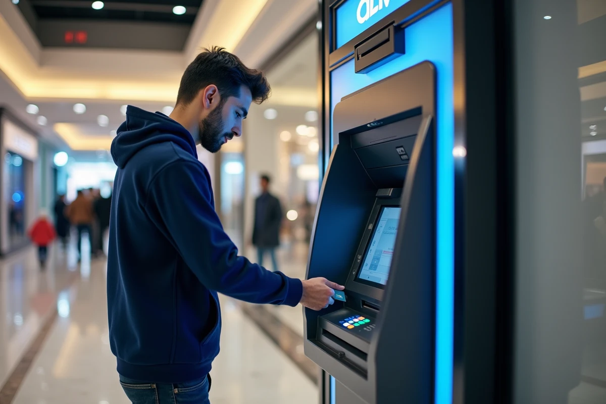 Jeune homme utilisant un distributeur automatique de billets à l'intérieur d'un centre commercial