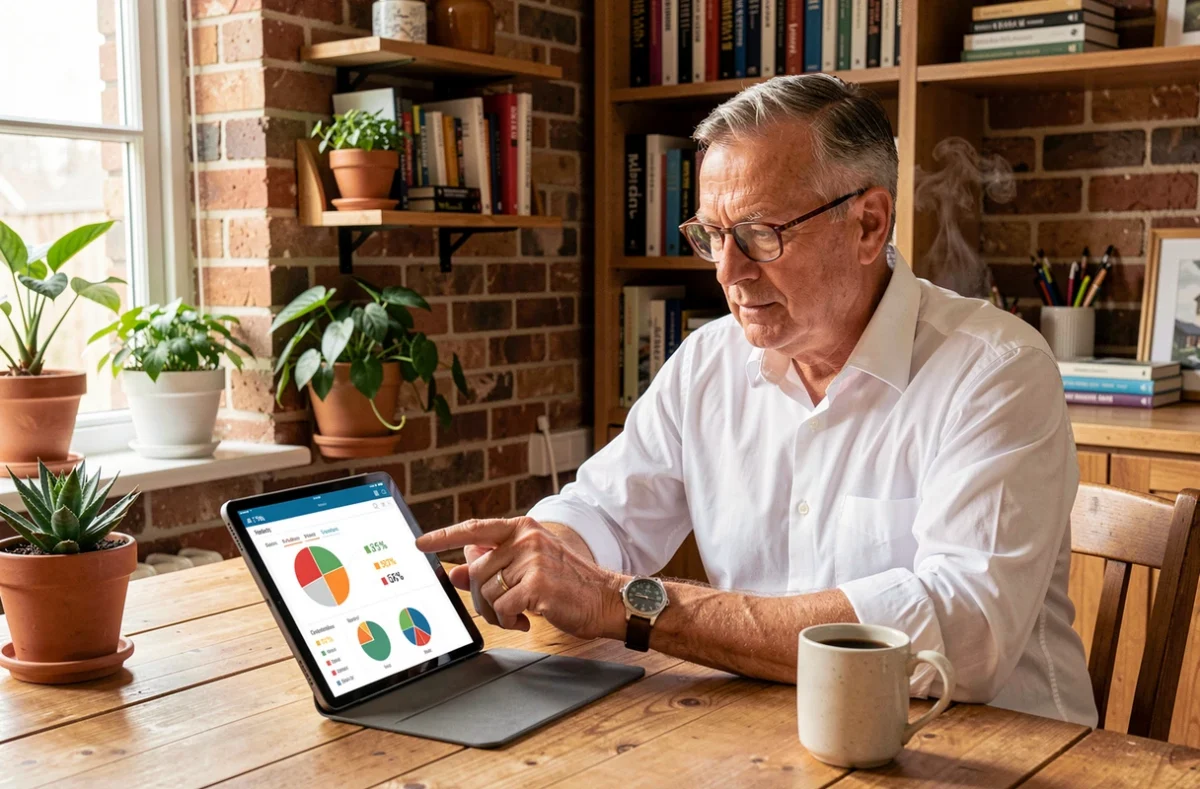Homme en télétravail consultant un tableau de bord de portefeuille SCPI sur une tablette depuis son domicile