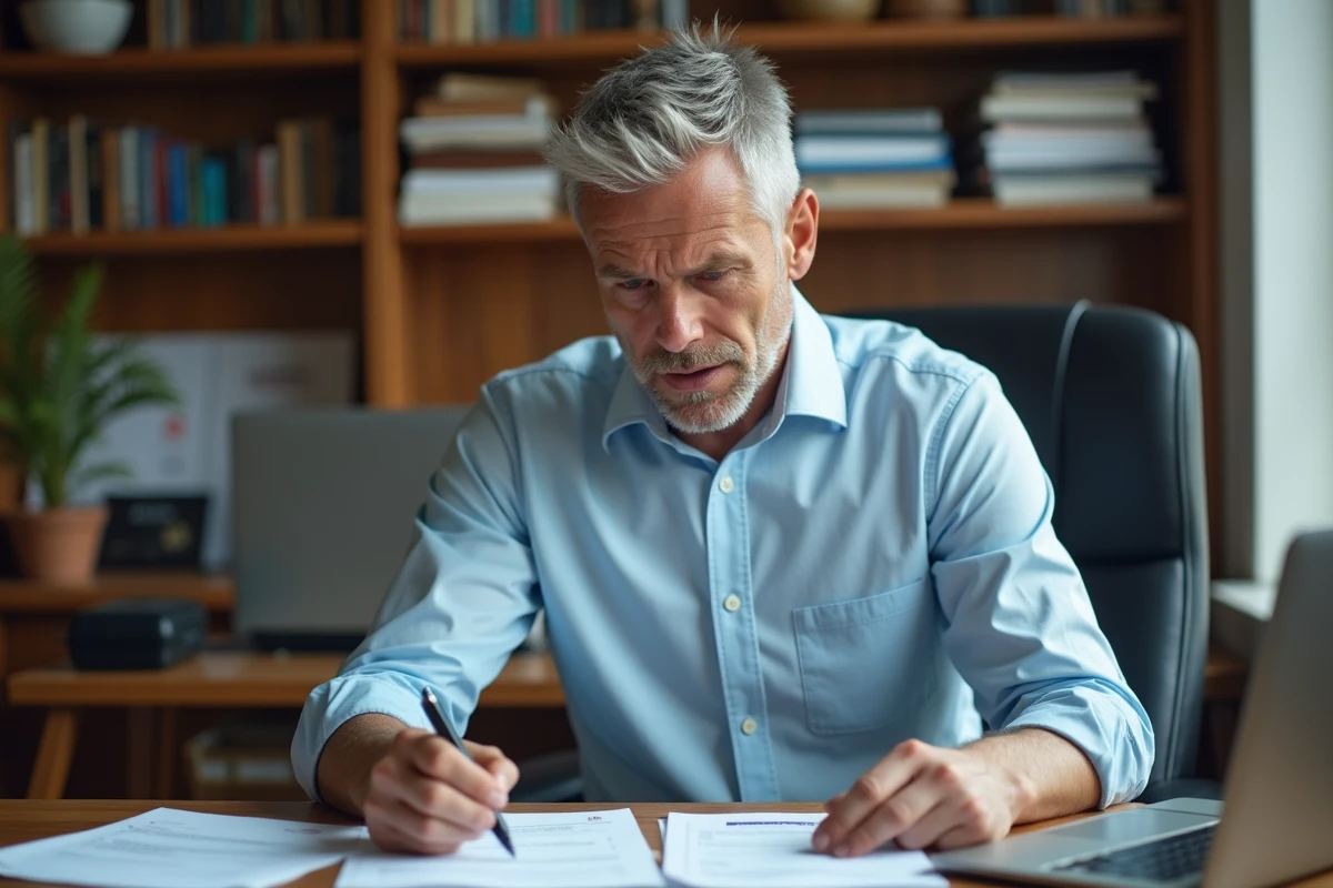 Homme d'âge moyen examinant des documents d'allocations chômage et d'indemnités de licenciement à son bureau à domicile