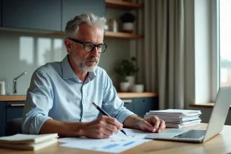 Homme d'âge moyen examinant des documents financiers à la maison