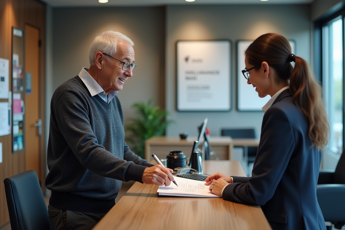 Homme âgé remet des formulaires d