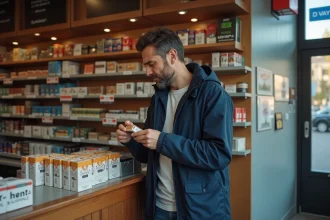 Homme français en veste regardant un paquet de cigarettes dans un magasin de tabac allemand