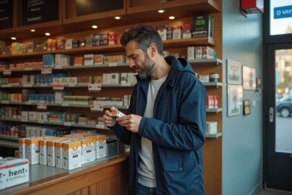Homme fran&ccedil;ais en veste regardant un paquet de cigarettes dans un magasin de tabac allemand