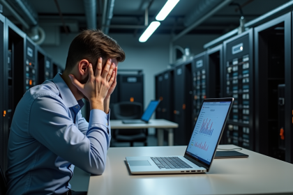 Homme d'affaires fatigué devant un bureau Bitcoin inactif