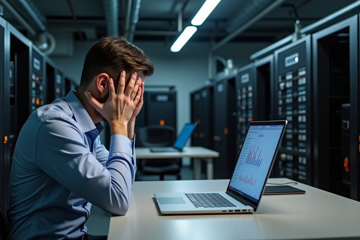 Homme d'affaires fatigué devant un bureau Bitcoin inactif