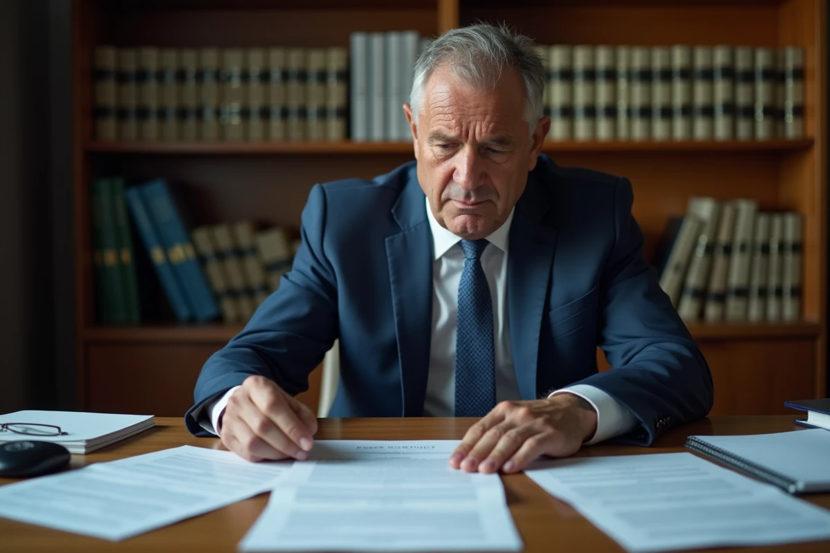 Homme en costume lisant un jugement de condamnation pécuniaire à son bureau avec des documents juridiques
