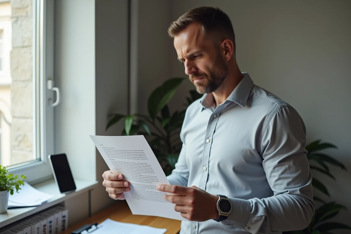 Homme lisant une lettre de résiliation d'assurance auto avec une expression tendue dans un bureau à domicile