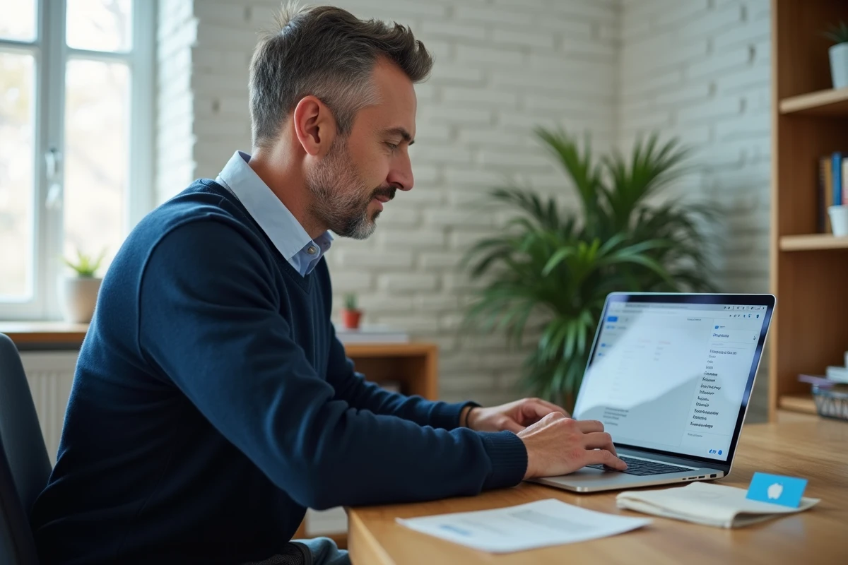 Homme consultant la liste des enseignes acceptant la carte UpCadhoc sur son ordinateur portable à domicile