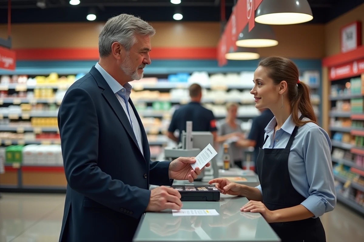 Homme en costume payant au comptoir d