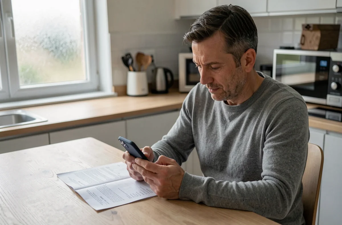 Homme prenant en photo une ordonnance médicale avec son smartphone pour sa mutuelle