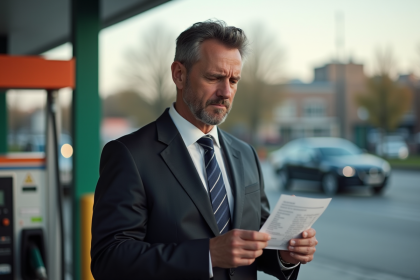 Homme d'affaires au fuel station avec re&ccedil;u de carburant