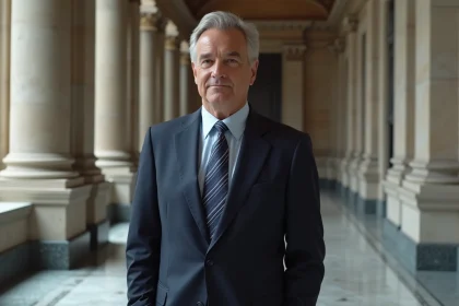 Homme politique en costume sombre dans un couloir institutionnel symbolisant le pouvoir et la transparence financière