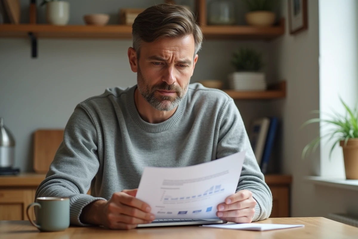 Homme effectuant des recherches en ligne sur une société de financement depuis son domicile, symbolisant la vigilance du consommateur face aux offres financières