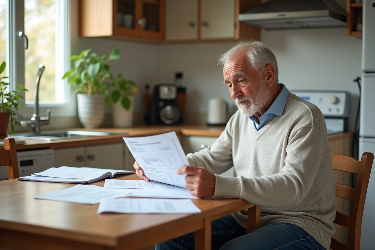 Homme âgé examinant un relevé hypothécaire à la maison