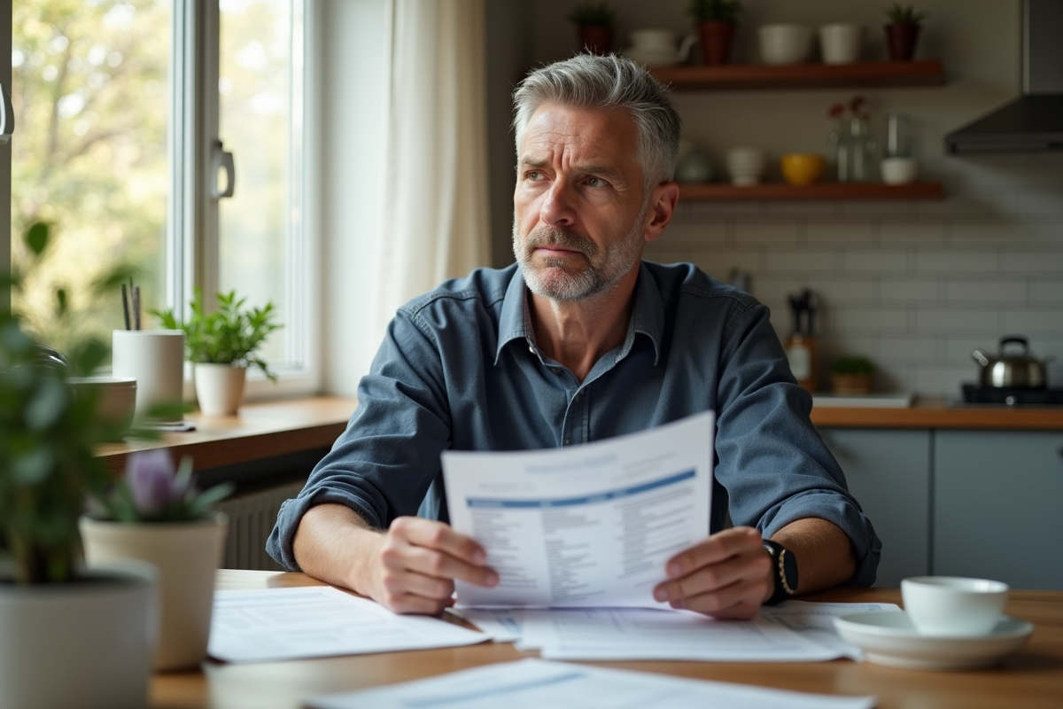 Homme d'âge moyen examine des documents d'assurance à la maison
