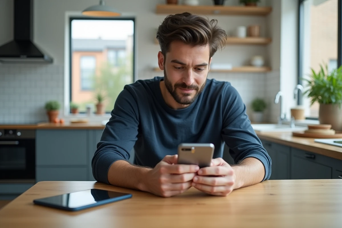 Homme utilisant un smartphone pour convertir un chèque Cadhoc en bon d'achat Amazon