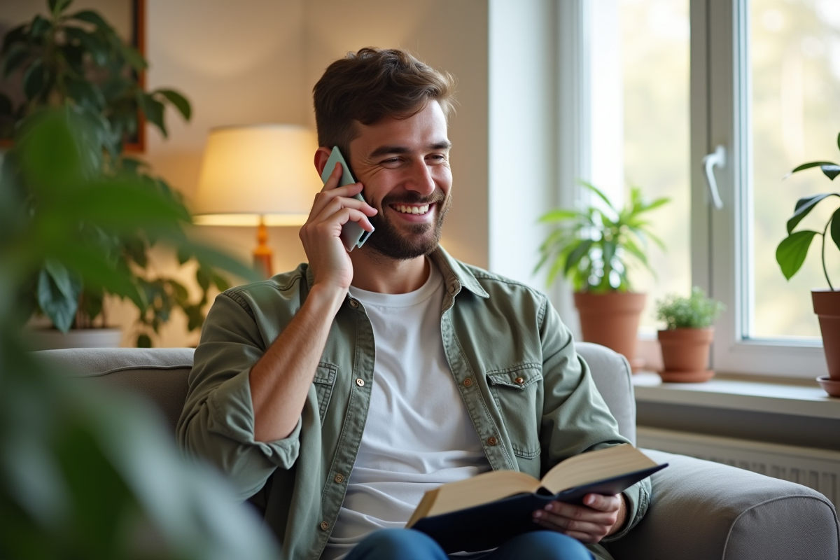 Homme souriant parlant au téléphone dans un salon lumineux