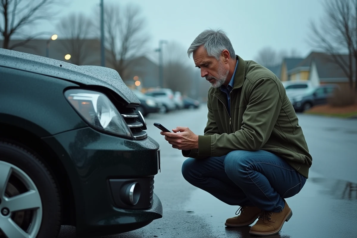 Homme contactant son assurance par téléphone après un sinistre automobile en plein air